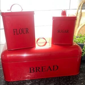 Red Metal Bread, Flour, and Sugar Canister Set